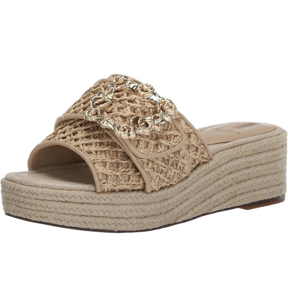 Sam Edelman Tan Raffia Platform Slide Sandals with Gold Chain
